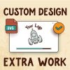 An illustration depicting the concept of custom design work, featuring an example logo on a sketchpad, an svg file icon, and a check mark implying approval or completion.