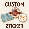 Vintage-style advertisement for custom stickers, featuring steakhouse-themed designs.